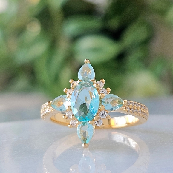 Gold & Aquamarine Gemstone Ring, 925 Sterling Silver, 10k Gold - Picture 2 of 2